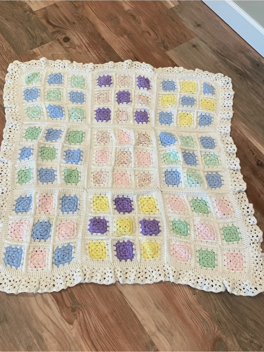 Handmade Crochet Granny Square Baby Blanket in Pastel Colors 34x34 inches